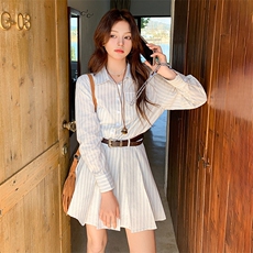浅蓝色休闲条纹衬衫连衣裙女2025年夏季新款韩系设计感显瘦百褶裙，女装连衣裙，浙宝305