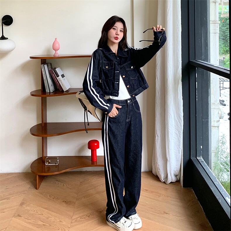 韩版设计感短款牛仔上衣套装女2025春秋季新款显瘦直筒长裤两件套,女装套装/套裙,浙宝285（原212）