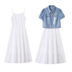 短袖牛仔两件套连衣裙女2025夏季新款外套搭配蕾丝吊带蛋糕裙套装，女装套装/套裙，慕依路