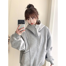抖音得物高品质秋冬美式高街重磅结构辑明线纹理连帽卫衣外套W111，女装短外套，电商A486-1