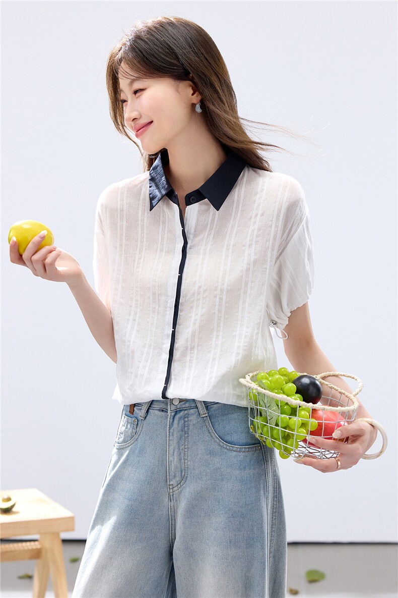2026年夏季衬衫领撞色翻领短袖袖口抽绳衬衫上衣小衫,女装衬衫,简韵佳