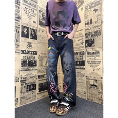 美式复古高街涂鸦牛仔裤男女宽松显瘦直筒阔腿裤N185-P45，男装牛仔裤，星座308B-2
