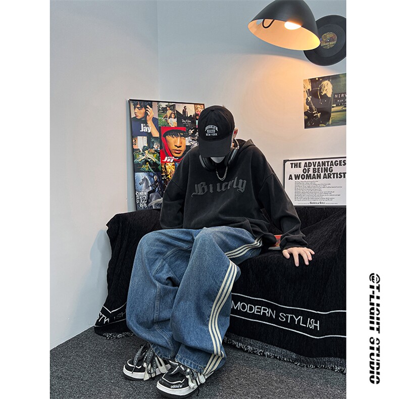 B221美式ins高街小众宽松三条杠运动牛仔裤LK23130-P60控78,男装牛仔裤,电商B221