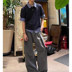 得物抖音高品质二开 夏季美式潮牌高街假两件格子衬衣翻领短袖T恤图片