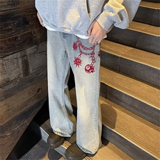 美式男女流星锤裤链刺绣情侣款牛仔裤男款宽松直筒微喇休闲裤TG50，男装休闲裤，星座506