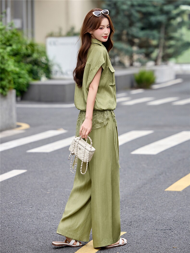 现货轻熟风气质女2026夏季麻料薄款加蕾丝屁帘上衣阔腿裤两件套,商品下架区,伊仟回