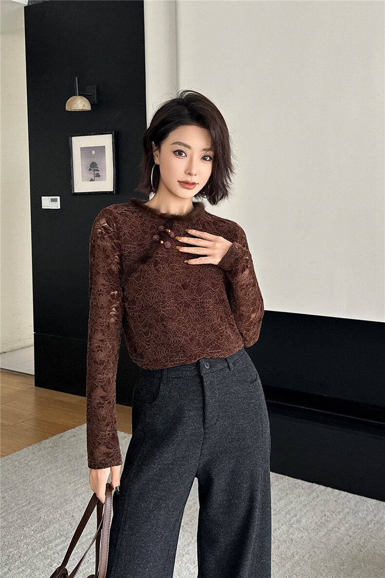 2025冬装心里蕾丝水貂毛圆领蕾丝上衣新中式盘扣小衫,女装蕾丝衫/雪纺衫,2C091