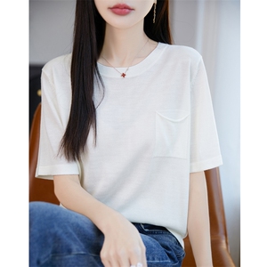 夏季天丝亚麻圆领短袖针织T恤打底衫女宽松显瘦韩版薄内搭简约潮图片