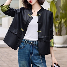 现货新中式仿真皮衣女短款2024新中式仿绵羊皮盘扣夹克外套女减龄，女装皮衣，江南女神