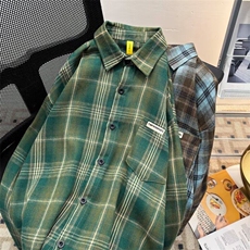 美式复古格子衬衫男士长袖春秋季新款宽松外套日系潮流衬衣服，男装工装外套，星座1013