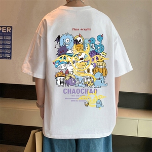 T799短袖t恤男夏季新款高街休闲纯棉体恤oversize大码宽松上衣服,黑色体恤衫搭配裙子图片