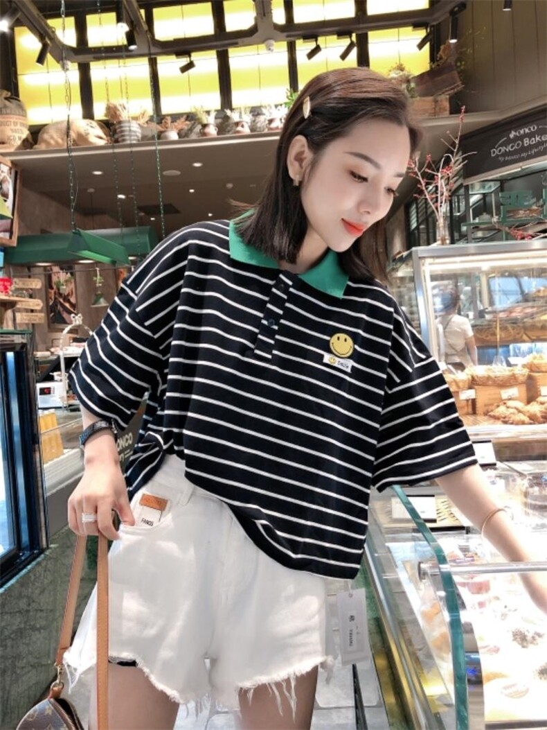 韩版条纹POlO上衣，百搭，女装，一杭