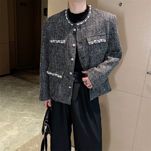 原版高品质秋季新款无领垫肩小香风珍珠装饰夹克外套JK2370-P130图片