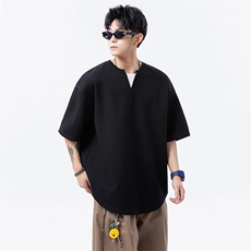 2025夏季美式V领假两件重磅短袖宽松版t恤男DX2507-P38-控68，男装T恤，电商B208