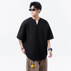 2025夏季美式V领假两件重磅短袖宽松版t恤男DX2507-P38-控68图片