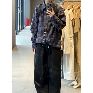 复古蓝色格子衬衫外套男女慵懒风宽松休闲松弛感衬衣外套 C39图片