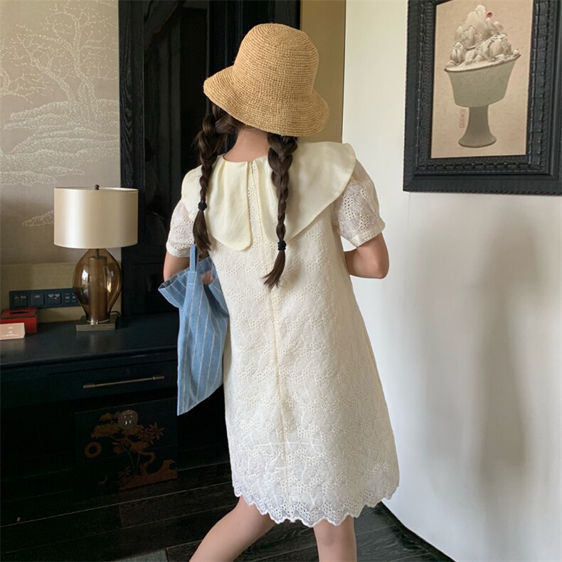 温柔风娃娃领小白裙女夏季新款蕾丝刺绣初恋甜美减龄小个子连衣裙,女装连衣裙,帛香坊