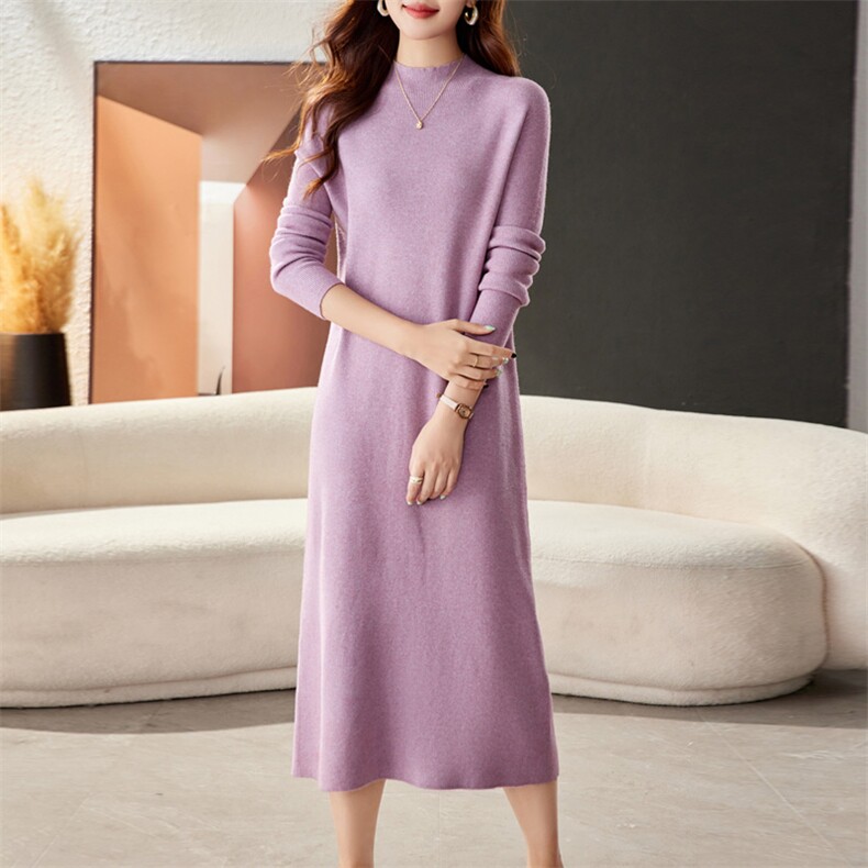 现货可推2024秋冬新款气质修身含绵羊毛针织打底裙配大衣连衣裙女，女装针织衫/毛衣，时尚风爆