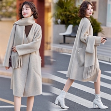 2025秋冬新款时尚简约通勤中长围巾款专柜品质双面100%羊毛大衣，女装双面呢大衣，小荷流