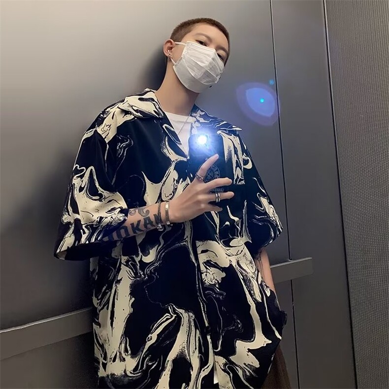 夏季古巴领冰丝衬衫男短袖痞帅潮牌高级感潮流印花网红炸街上衣服,男装衬衫,星座601-2