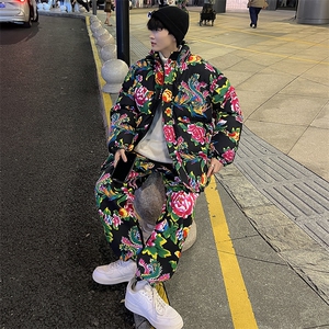 H203情侣东北大花风民族风特色牡丹大花棉袄加绒裤套装男女图片
