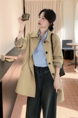 卡其色复古格纹袖口拼接风衣外套女2025秋季英伦风气质中长款大衣，女装风衣，2C092