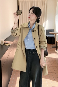 卡其色复古格纹袖口拼接风衣外套女2025秋季英伦风气质中长款大衣图片