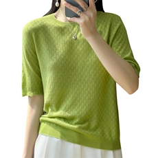 一线成衣夏季新款精纺羊毛短袖t恤女宽松圆领花边针织衫半袖上衣，女装针织衫/毛衣，大美人高端店