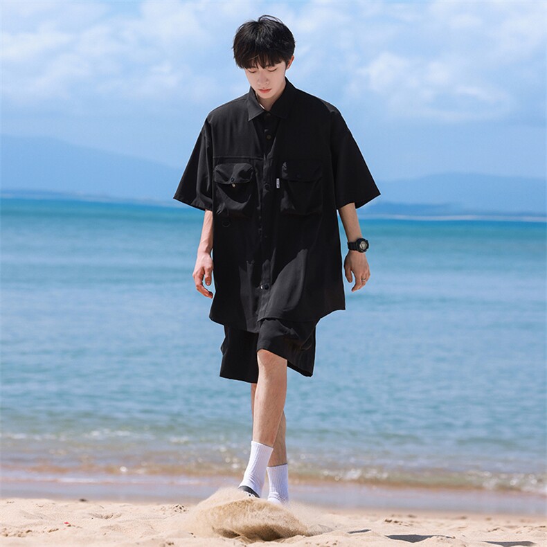 夏季套装男高品潮牌五分袖衬衫短裤大码两件套DSA157B-C76-P85,男装牛仔裤,电商A157B