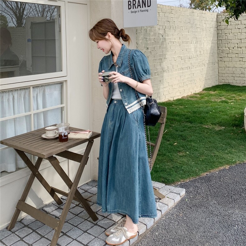 高级感蕾丝拼接牛仔衬衫套装裙女2025夏新款高腰显瘦半身裙两件套图片