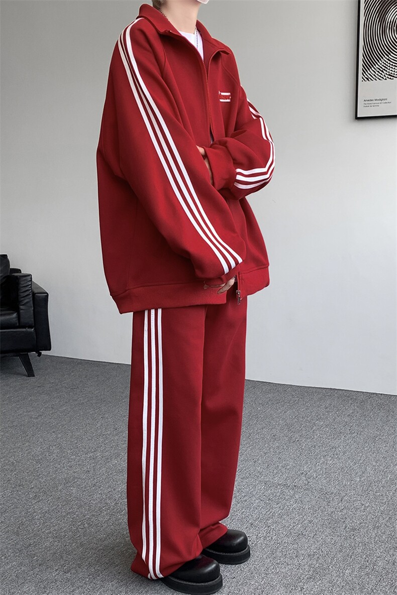 8XL-M条纹撞色开衫新年红卫衣运动套装潮牌运动服校园风TZ114P118,男装休闲套装,电商D206-1
