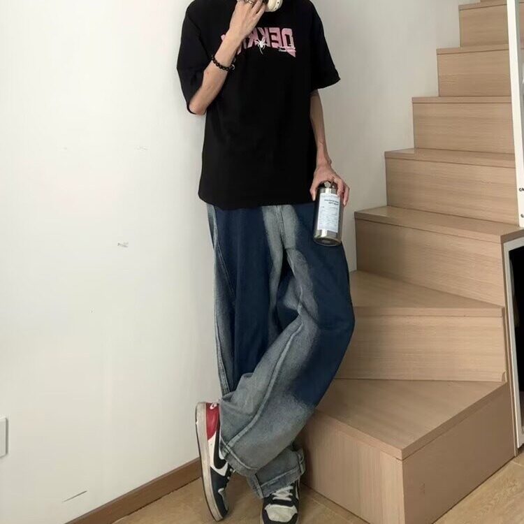 美式渐变牛仔裤男女夏季潮牌宽松阔腿裤子休闲弯刀裤N333-P57图片