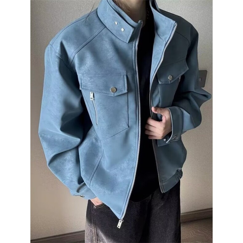 蓝色短款pu皮夹克男款春季立领机车服皮衣哈灵顿工装外套 J5354图片