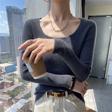 紧身U领100纯羊毛衫女修身套头灰色内搭毛衣秋冬高档显瘦针织打底，女装羊毛衫，百越羊绒