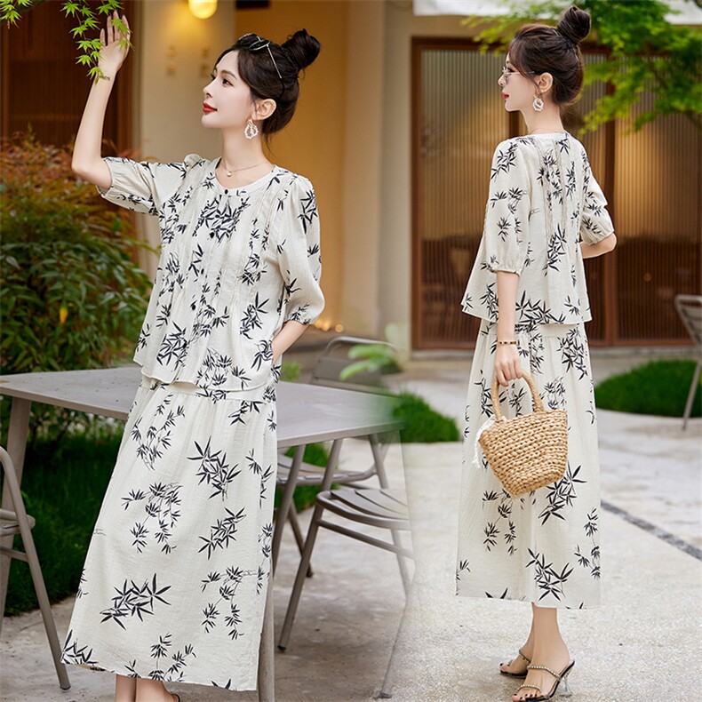 新中式国风印花套装女2025夏季新款宽松显瘦气质上衣半身裙两件套，女装套装/套裙，朵莱米