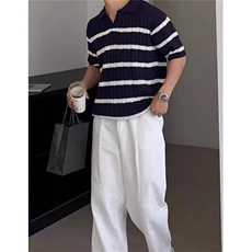 夏季白色翻领Polo衫条纹日系针织衫男短袖上衣T恤衫宽松TB283，男装Polo衫，星座1116A-2（原606A-1）