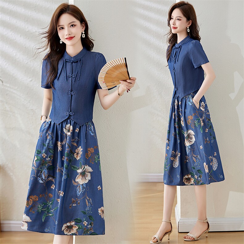 2024年夏季连衣裙套装通勤圆领高腰韩版A字裙短袖中长款，女装套装/套裙，伊航服饰