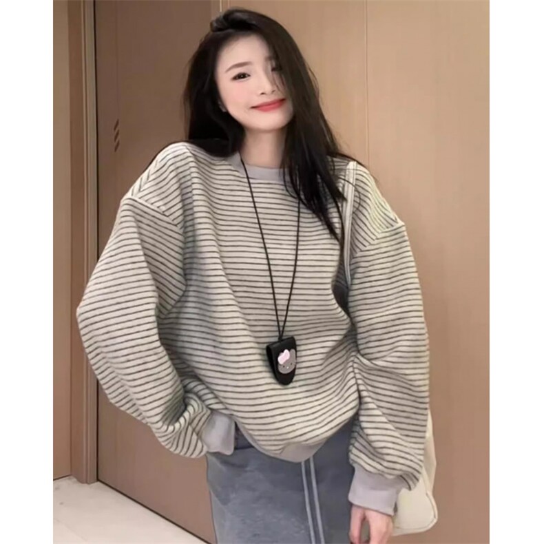 韩系慵懒条纹圆领卫衣女秋季新款设计感宽松显瘦百搭休闲长袖上衣,男装卫衣,星座516A