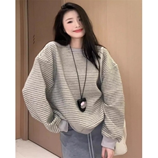 韩系慵懒条纹圆领卫衣女秋季新款设计感宽松显瘦百搭休闲长袖上衣，男装卫衣，星座516A