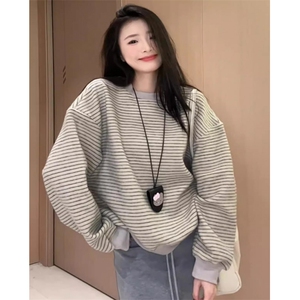 韩系慵懒条纹圆领卫衣女秋季新款设计感宽松显瘦百搭休闲长袖上衣