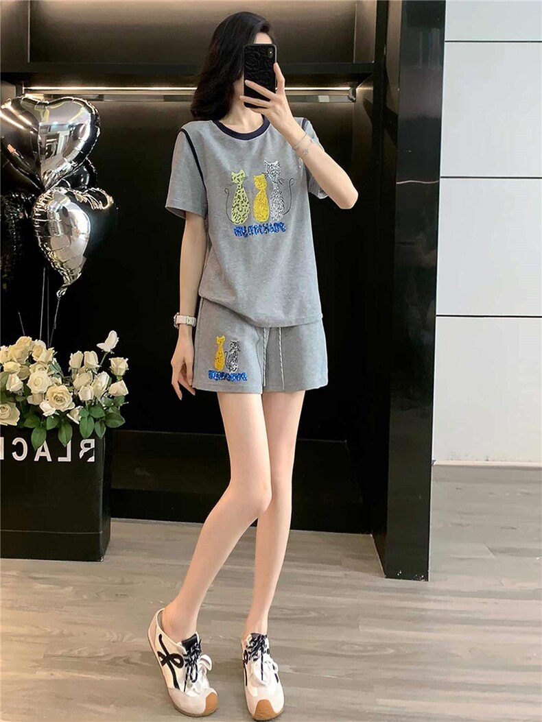 韩版休闲时尚套装女夏款个性简约圆领印花刺绣上衣阔腿短裤两件套,女装套装/套裙,江南