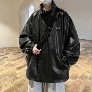 1港风两面穿大码M-5XL格子PU皮鳄鱼纹皮衣夹克男JK8753P110控149图片