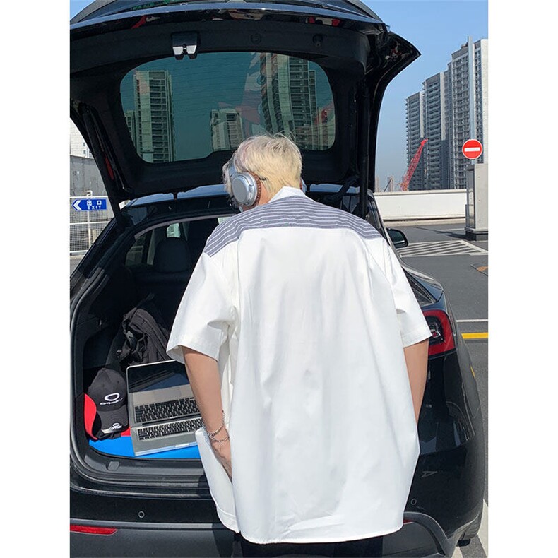 夏季新款短袖衬条纹衫拼接设计感休闲个性衬衣DC2233-特价P30图片