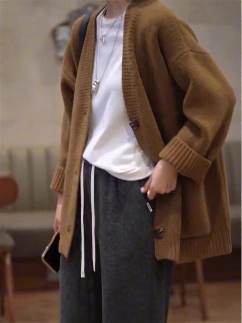 开衫女中长款V领秋冬慵懒软糯休闲宽松保暖针织衫,女装羊毛衫,恒恩羊绒