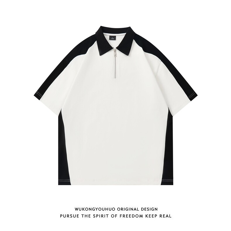得物潮牌重磅纯棉宽松撞色打底短袖拉链POLO衫T恤男RH5036-特P40，男装Polo衫，星座610B-1