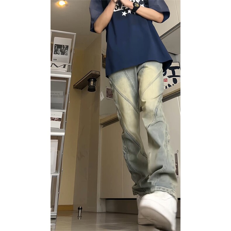 美式高街小众分割设计直筒做旧微喇牛仔裤A440P55控78,男装牛仔裤,电商A309