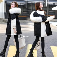 2020冬季新款优雅格调时尚气质保暖蕾丝拼接大毛领连帽派克服棉衣，女装棉衣/棉服，艾尚靓装