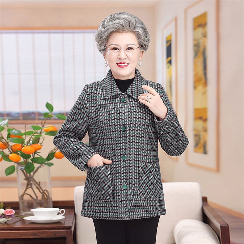 外套格子开衫奶奶装大码长袖扣子衫中老年女装秋冬翻领加绒大衣,女装中老年女装,亚东羊绒制品