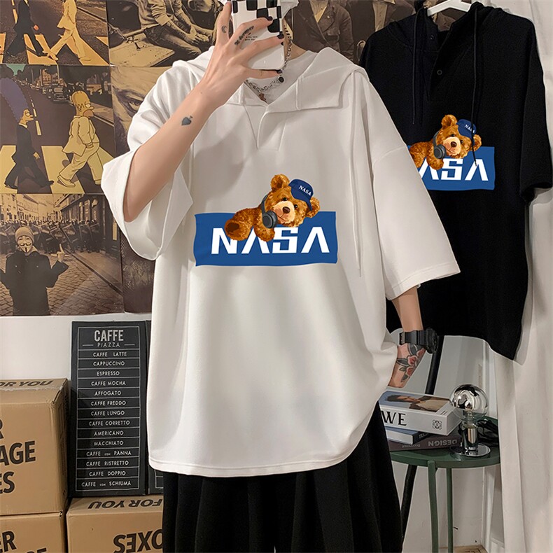 LD54247-P45 NASA连帽短袖t恤男大码胖子带帽五分袖中袖 海报风图片