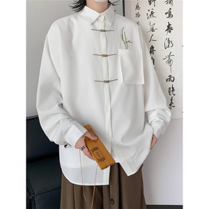 CP1185-P39 风刺绣新中式衬衫男宽松潮长袖上衣古风唐装衬衣图片